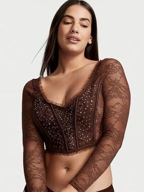 NWT Victoria’s Secret Brown Lace Rhinestone Corset Top S